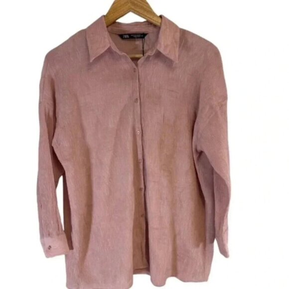 Zara Tops - Zara Women’s Button Up Wrinkled Satin Effect Long Sleeve Shirt Size Small